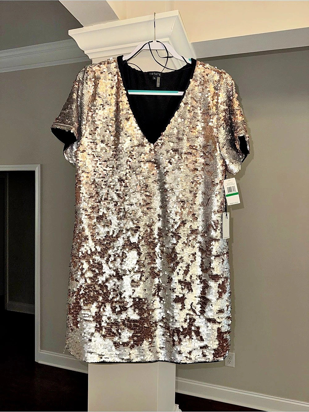 1.STATE Moody Hues Sequin Shift Mini Dress Silver & Black Large NWT